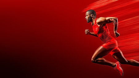 A man runs at full speed, showcasing powerful movement in a red track and field jersey. The dynamic backdrop enhances the sense of motion. Ideal for sports marketers and fitness brands.の素材