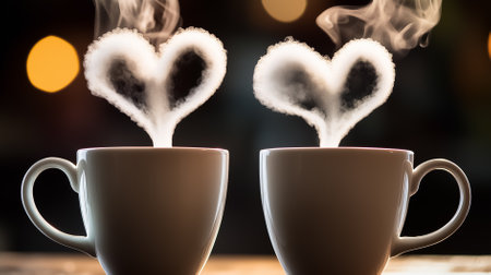Two mugs emit steam that forms heart shapes, creating a warm and inviting atmosphere in a cozy setting with soft lighting. This charming display highlights the joy of sharing a comforting drink.の素材
