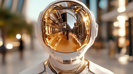 An astronaut is gazing with a reflective visor in a modern urban environment filled with glass and metallic structures. The scene captures the theme of innovation and exploration in technology.の素材