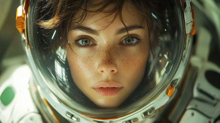 Astronaut gazing towards the camera inside a spacecraft, showcasing a focused expression with a backdrop of advanced technology and equipment, representing space exploration and discovery.の素材