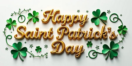 Decorative golden text reads Happy Saint Patrick's Day surrounded by vibrant green clovers on a clean white background, creating a festive atmosphere suitable for celebrations.の素材