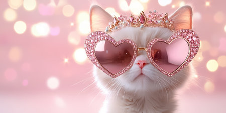 Adorable cat basking in pink holiday lights, wearing oversized heart-shaped sunglasses and an ornate crown, surrounded by glimmering decorations and soft snowflakes.の素材