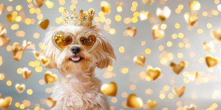 Adorable pet wearing oversized heart-shaped sunglasses encrusted with crystals and an ornate gemstone crown basks in shimmering holiday lights. Whimsical festive atmosphere creates charm.の素材