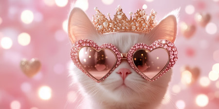 An adorable pet wearing oversized heart-shaped sunglasses enjoys the radiant holiday lights and glowing pastel pink clouds in a magical setting, creating a whimsical atmosphere filled with charm.の素材