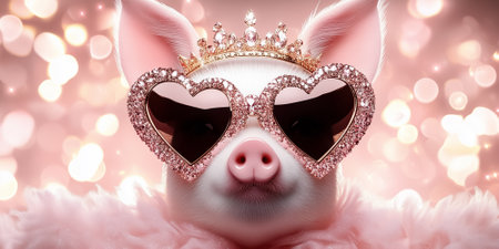 A glamorous pig adorned with heart-shaped sunglasses and a sparkling crown enjoys the festive ambiance of shimmering holiday lights, showing her vibrant pink hues in a luxurious setting.の素材