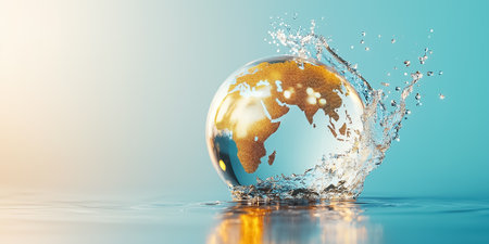 A globe with detailed continents makes a splash in clear water, highlighting the importance of environmental awareness. This stunning visual combines nature with global themes in a vibrant setting.の素材