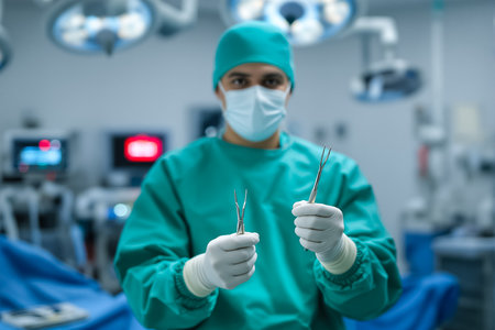 Male surgeon in green surgical attire holds surgical instruments while looking directly at the camera. The background features a well-equipped operating room with blue drapes.の素材