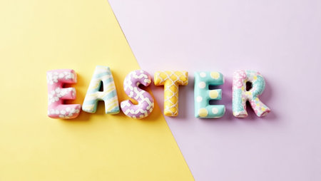 Colorful letters spelling Easter are arranged neatly on a pastel yellow and purple surface. The letters have fun patterns and add excitement for holiday celebrations.の素材