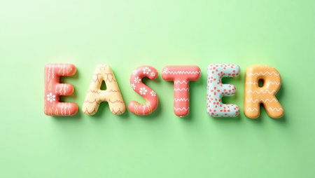 Colorful letters form the word Easter on a soft green background. Each letter has unique designs and patterns, creating a festive atmosphere suitable for holiday celebrations and marketing.の素材