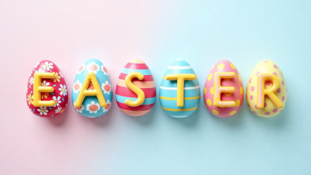 Colorful eggs decorated in various patterns are carefully arranged to spell out Easter. The pastel background enhances the festive atmosphere, making it ideal for celebrating springtime traditions.の素材