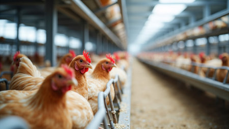 Chickens are feeding in a spacious farm environment with some gathered around feed troughs. The ground is sandy and well-maintained, capturing the essence of farm life.の素材