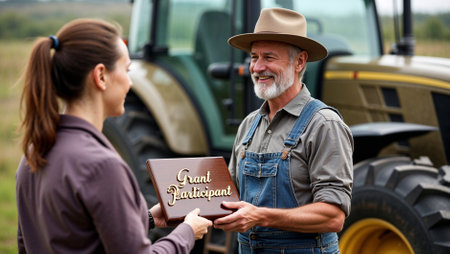Man receiving a grant participant award from a woman in a rural agricultural environment. Sunlit background with a tractor visible, showcasing a collaborative spirit in farming.の素材
