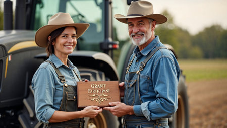 Farmer couple smiles while proudly displaying a grant participant plaque in front of a tractor on their farm. The golden hour light illuminates the background and their atmosphere.の素材