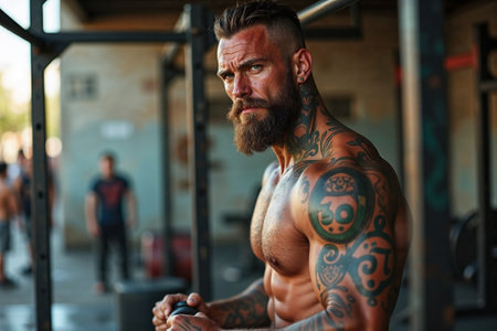 Muscular man with intricate tattoos stands confidently in an open gym, surrounded by fellow fitness enthusiasts, as he readies himself for an intense workout session.の素材