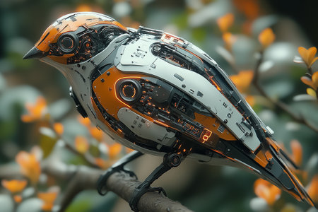 A striking cybernetic bird rests elegantly on a futuristic branch, showing intricate design and cutting-edge technology. The vibrant colors and details blend seamlessly with the surroundings.の素材