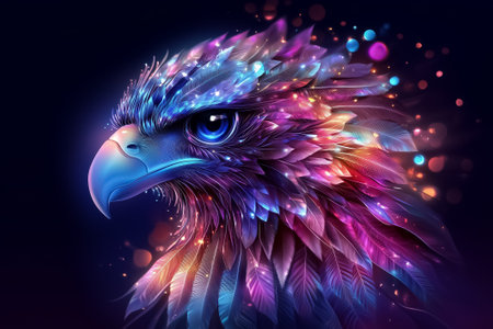 This striking digital creation captures a regal eagle with glowing feathers, set against a dark, ethereal backdrop. The artwork emphasizes its fierce gaze and intricate geometric designs.の素材