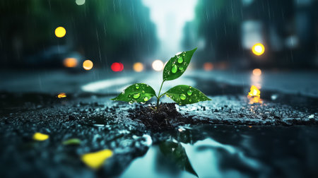 Amidst the glistening asphalt of a city street, a vibrant green plant triumphantly pushes through, droplets sparkling in the soft rain, showing nature's persistent spirit in an urban environment.の素材