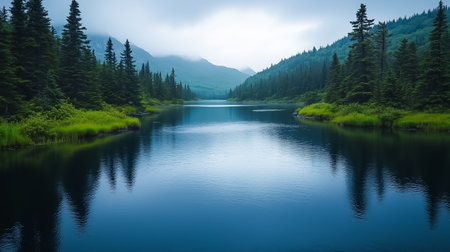 A crystal-clear river flows gently through serene wilderness, bordered by towering trees and lush green foliage. The still waters mirror the surrounding landscape, creating a peaceful atmosphere.の素材