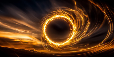 During a celestial event, the sun obscures with its corona radiating vivid golden ribbons. The twilight sky enhances the surreal beauty of this extraordinary phenomenon.の素材