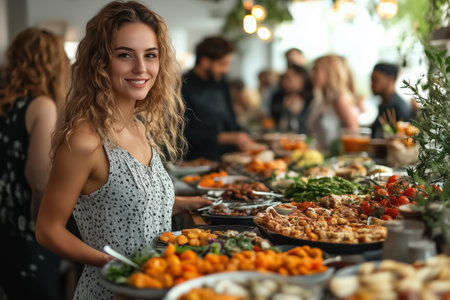 Colleagues gather for an engaging office party, savoring a delightful spread of food while enjoying lively music and connecting in a festive atmosphere.の素材