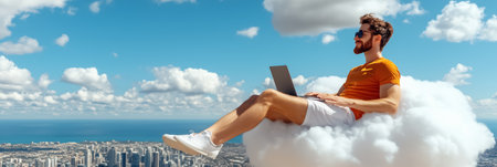 A software developer enjoys a serene moment on a cloud, laptop open, while a bustling futuristic city sprawls below. The bright sky enhances the tranquil atmosphere of productivity.の素材