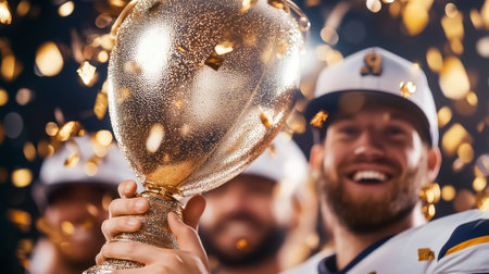 Players joyfully elevate the championship trophy above their heads, surrounded by an ecstatic crowd. Confetti rains down, creating a festive atmosphere full of excitement and achievement.の素材
