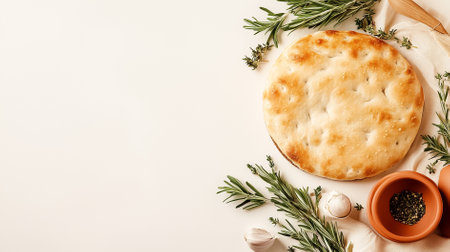 Nestled on a rustic Roman-style table, a delicate focaccia with a crusty exterior invites to taste, surrounded by clay dishes and fragrant herbs, creating a serene culinary moment.の素材