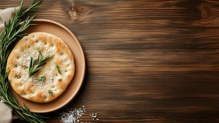 A rustic clay plate holds warm Roman focaccia, beautifully topped with fresh rosemary and a sprinkle of sea salt, resting on a textured wooden surface, evoking a cozy ambiance.の素材