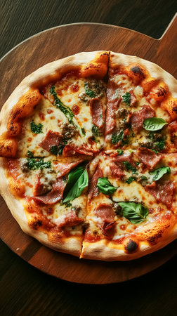 Delicate thin crust pizza features fresh gourmet toppings, beautifully displayed on a rustic wooden board. This masterpiece embodies modern culinary craftsmanship in a cozy setting.の素材