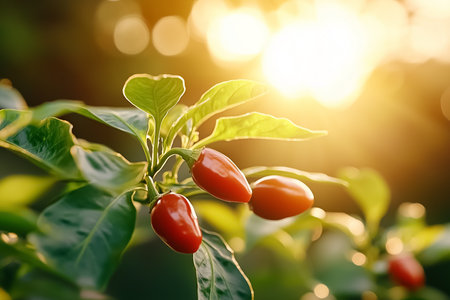 Close-up view of bright red chili peppers hanging on the plant, surrounded by lush green leaves. Sunlight filters through, enhancing the vivid colors and creating a warm atmosphere.の素材