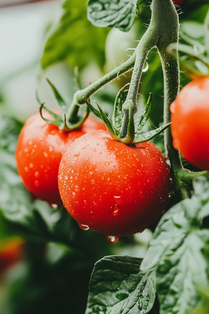 Within a tranquil greenhouse, rows of flourishing tomato plants boast ripe red fruits. Water droplets sparkle on the verdant leaves, enhancing the beauty of this thriving environment.の素材