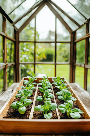 Beneath a glass ceiling, delicate spinach plants flourish in well-organized rows within a quaint greenhouse, gently illuminated by soft, natural light filtering through.の素材