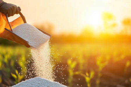 A farmer skillfully scoops up granular fertilizer, preparing to enrich sun-kissed soil in a vibrant field. The warm light enhances the natural beauty of the agriculture landscape.の素材