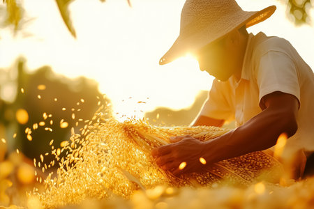 Under the warm glow of the sun, a dedicated farmer harvests ears of corn from tall stalks, showcasing skillful hands at work. Golden kernels shine, reflecting the warmth of a bountiful season.の素材