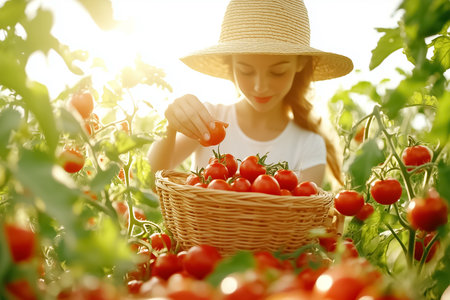 Amidst a lush garden, a woman delicately picks bright red tomatoes from flourishing plants, placing them into a woven basket while the sun illuminates her joyful task.の素材