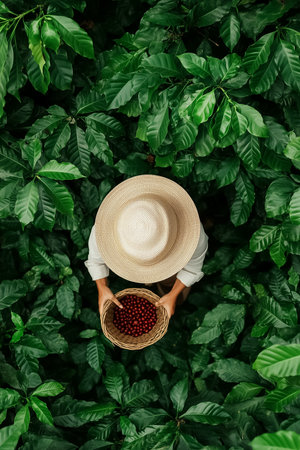 A worker is carefully handpicking ripe coffee berries, adorned with a straw hat. Surrounded by vibrant green plants, the basket tied to their waist fills with nature's bounty.の素材