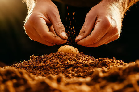 Hands carefully dig through soft soil to unearth golden potatoes, with warm sunlight illuminating the scene, highlighting the earthy tones and texture of the soil.の素材