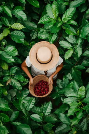 A worker skillfully gathers vibrant coffee berries, carefully placing them in a woven basket at their waist, among abundant green foliage under the sun.の素材