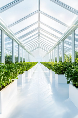 A high-tech greenhouse features open ventilation panels allowing fresh air to circulate.の素材