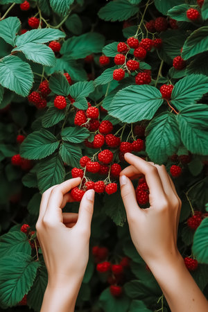 Delicate hands reach for ripe, plump raspberries nestled among vibrant green leaves. Each berry glistens, promising a burst of sweet flavor. Nature's harvest is ready for gathering.の素材
