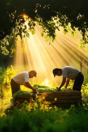 Under soft morning light, farmers focus on trimming grapevines and placing ripe clusters into wooden crates, embodying a tranquil moment in the vineyard.の素材