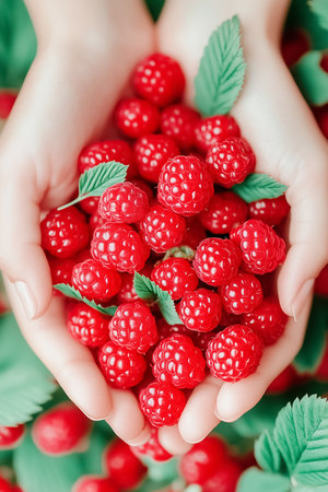 Hands delicately pick ripe red raspberries from lush green foliage, highlighting the rich textures and vibrant colors of the fruit, capturing the essence of a summer harvest.の素材