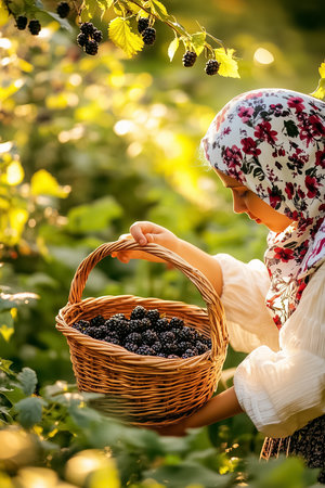 With the gentle light of the sun filtering through the trees, a girl in a floral headscarf carefully picks blackberries, placing them into her wooden basket, surrounded by lush greenery.の素材