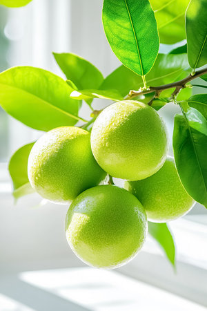 Soft light illuminates guava bushes brimming with small green fruits, enhancing the tropical atmosphere. Lush foliage complements the fresh and vibrant setting, inviting a sense of nature bounty.の素材