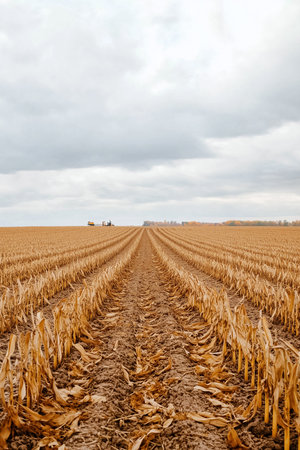 Golden sunflower stalks stretch across the landscape, remnants of the harvest. Distant machinery works under a blanket of clouds, signifying the end of a season on the farm.の素材