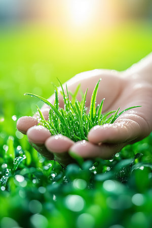 Weeds intertwine with crops in this lush garden, while a hand grips a small tool, poised to remove unwanted plants. The texture of the greenery contrasts with the gentle sunlight.の素材