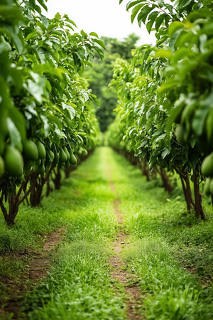 Avocado trees stretch across a verdant landscape, their branches heavy with plump green fruit. Soft light filters through leaves, creating a serene atmosphere in this thriving orchard.の素材