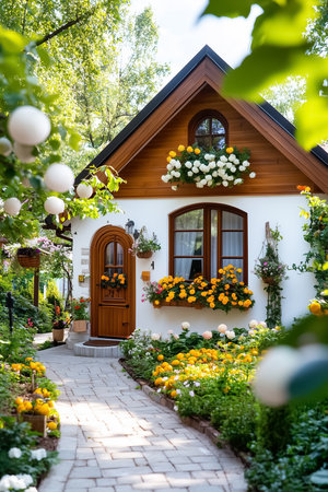 Surrounded by lush fruit trees, an old wooden house radiates warmth with colorful flowers adorning its windows, inviting a cozy and peaceful rural retreat under the sun.の素材