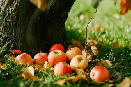 Bright red and golden apples lie scattered amid soft grass under a tree, some cradled by fallen leaves, capturing the essence of a crisp autumn day filled with natural beauty.の素材