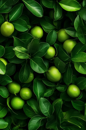 Amidst a sea of lush foliage, small green guavas emerge, bathed in gentle light that enhances the rich tropical ambiance of this serene garden setting.の素材